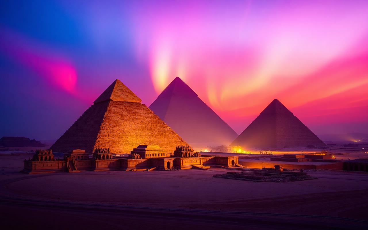 Pyramids of Giza under aurora sky